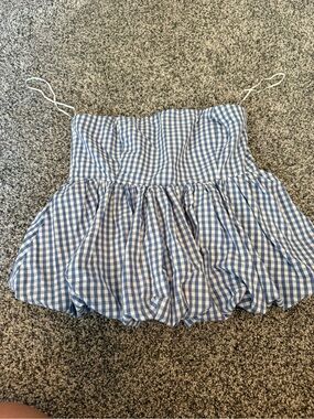 Blue and White Gingham Bubble Hem Strapless Top